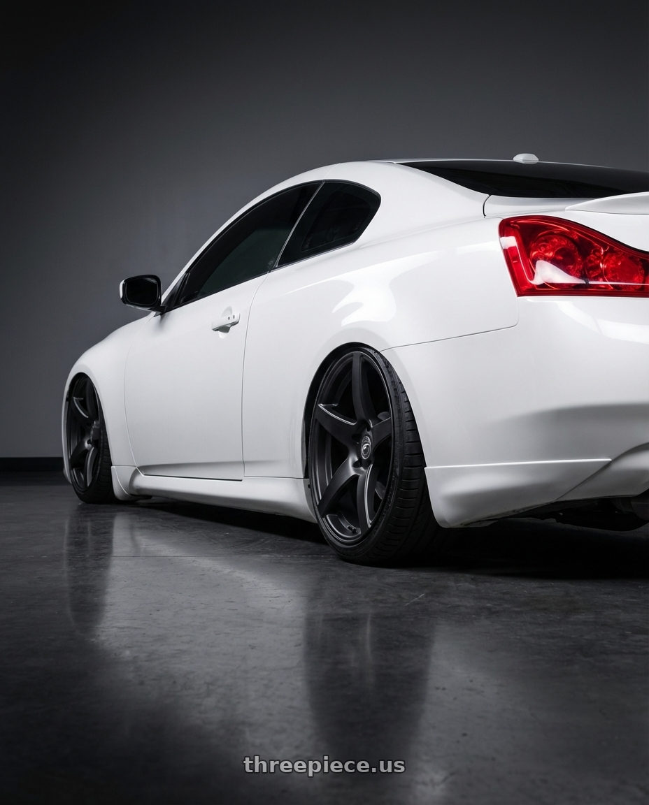 2014 Infiniti G37 Coupe with Forgestar CF5 5x114.3 19x9 +35 Satin Black wheels rear three quarter view slight stretch tires