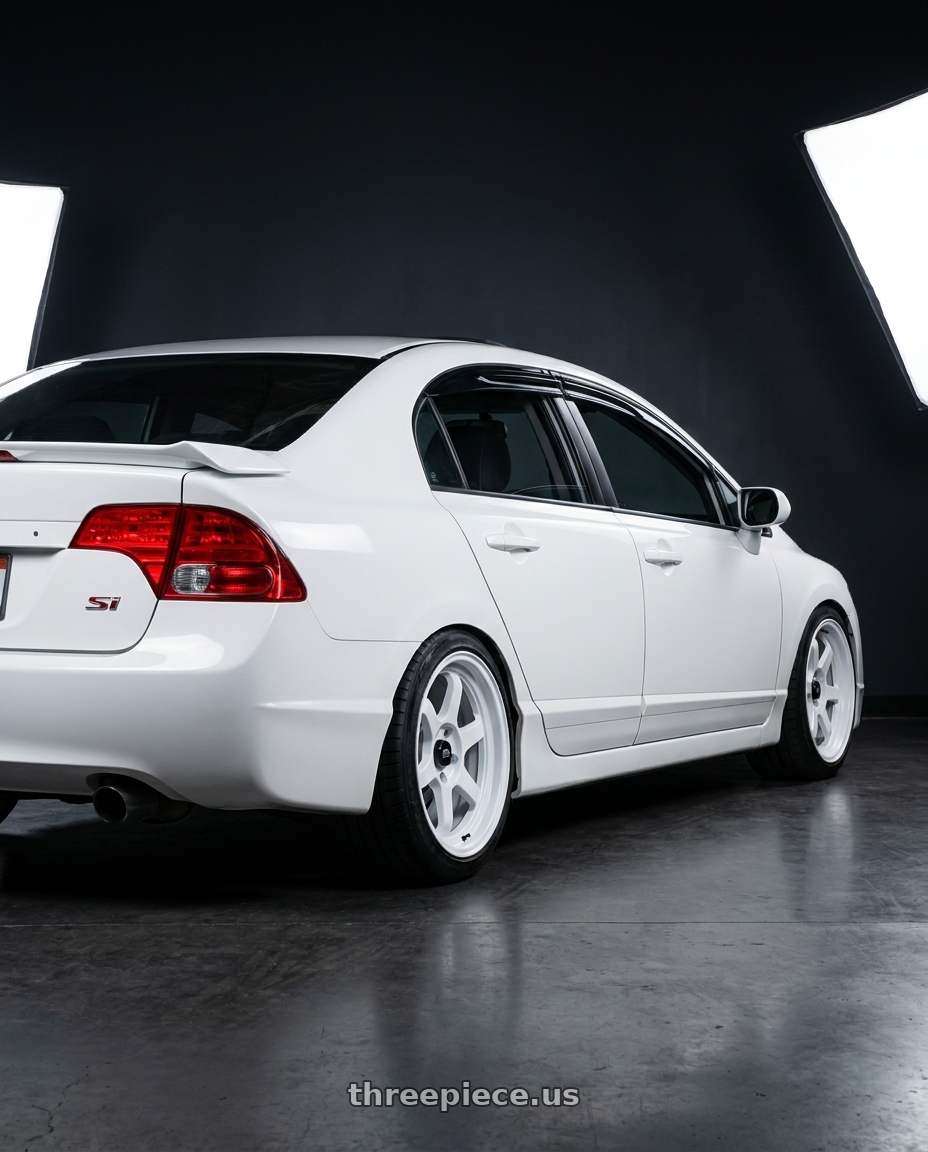 2008 Honda Civic SI with MST Wheels Time Attack 5x114.3 17x9.0 +20 Glossy White wheels rear three quarter view square tires