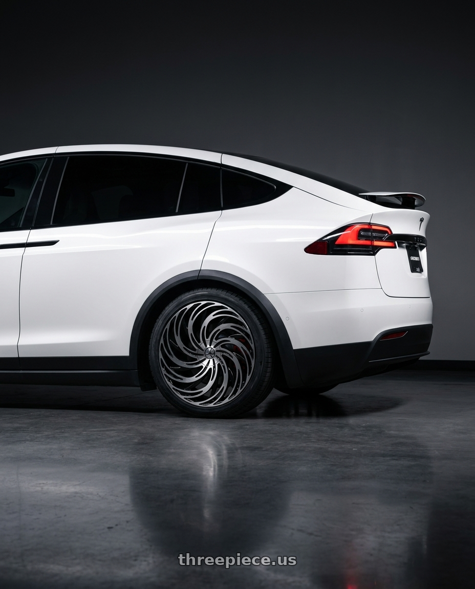 2024 model x with Azara AZA-531 5x100/5x114.3 18x8 +35 Gloss Black & Machined wheels rear three quarter view square tires