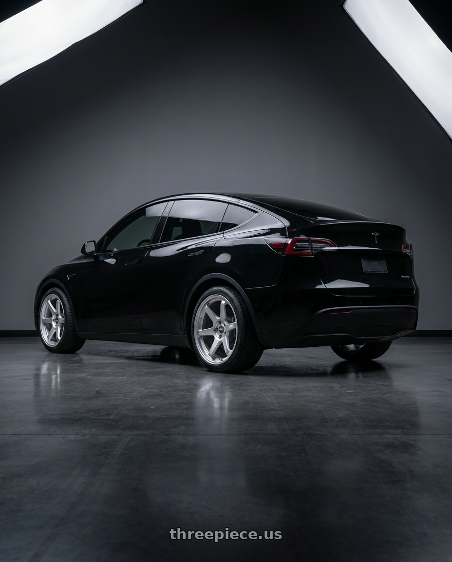 2026 Tesla Model Y Rear with ESR Wheels APEX SERIES AP6 5x114.3 19x9.5 +35 Hyper Silver wheels rear three quarter view square tires