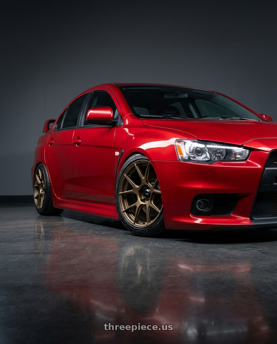 2012 Mitsubishi Lancer Evo X with Konig Ampliform 5x114.3 18x8.5+35 Gloss Bronze wheels front three quarter view stanced stance