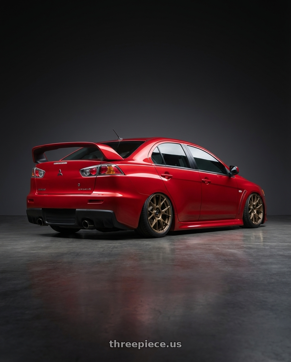 2012 Mitsubishi Lancer Evo X with Konig Ampliform 5x114.3 18x8.5+35 Gloss Bronze wheels rear three quarter view slight stretch tires