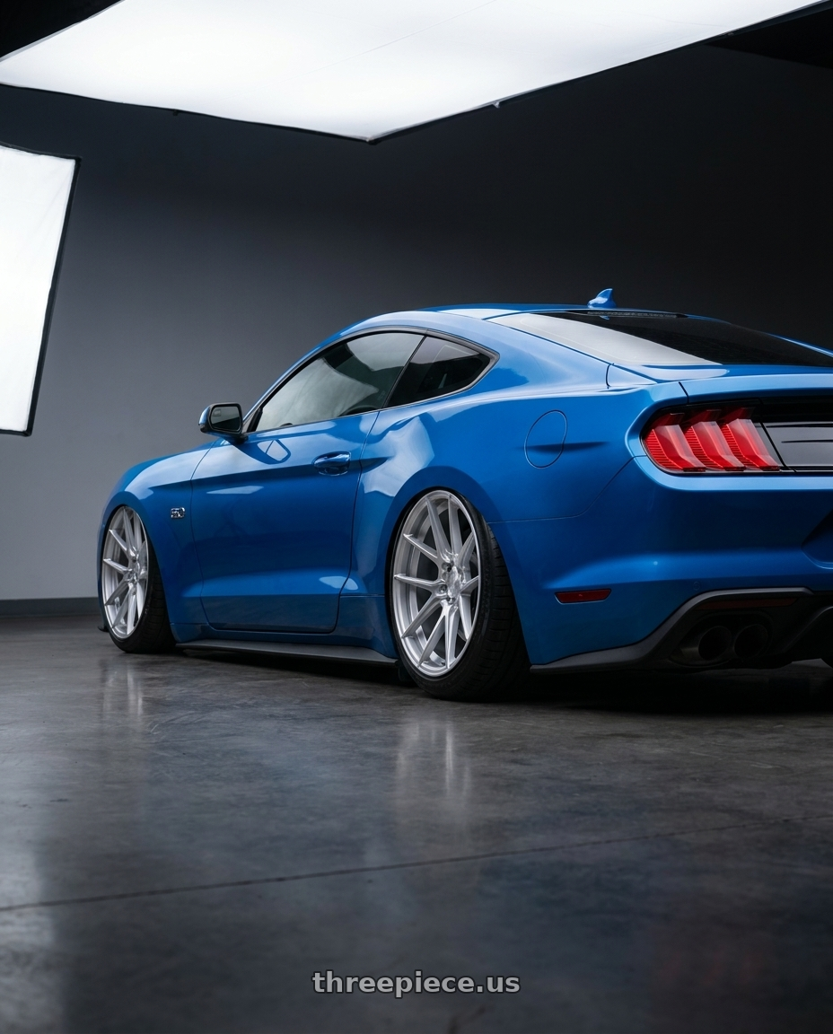2022 Ford Mustang GT with Aodhan AFF3 5x114.3 20x9+32 Gloss Silver Machined Face wheels rear three quarter view slight stretch tires