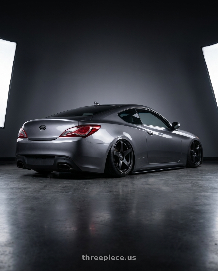 2014 Hyundai Genesis Coupe with Ssr Gtv01 5x114.3 19x8.5+38  FLAT BLACK wheels rear three quarter view slight stretch tires