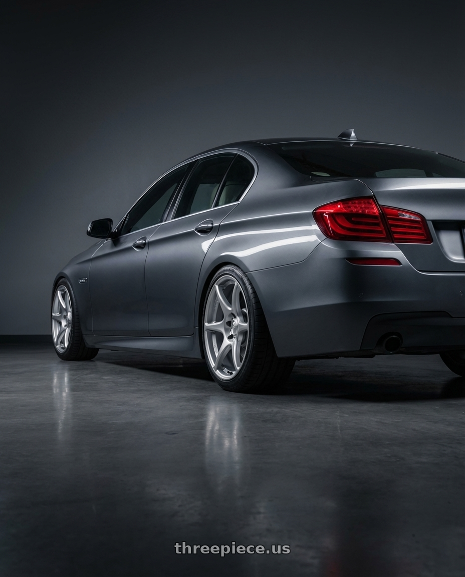 2016 BMW 5 Series F10 with Kansei K11S Tandem 5X120 19x9.5 22 Hyper Silver wheels rear three quarter view square tires