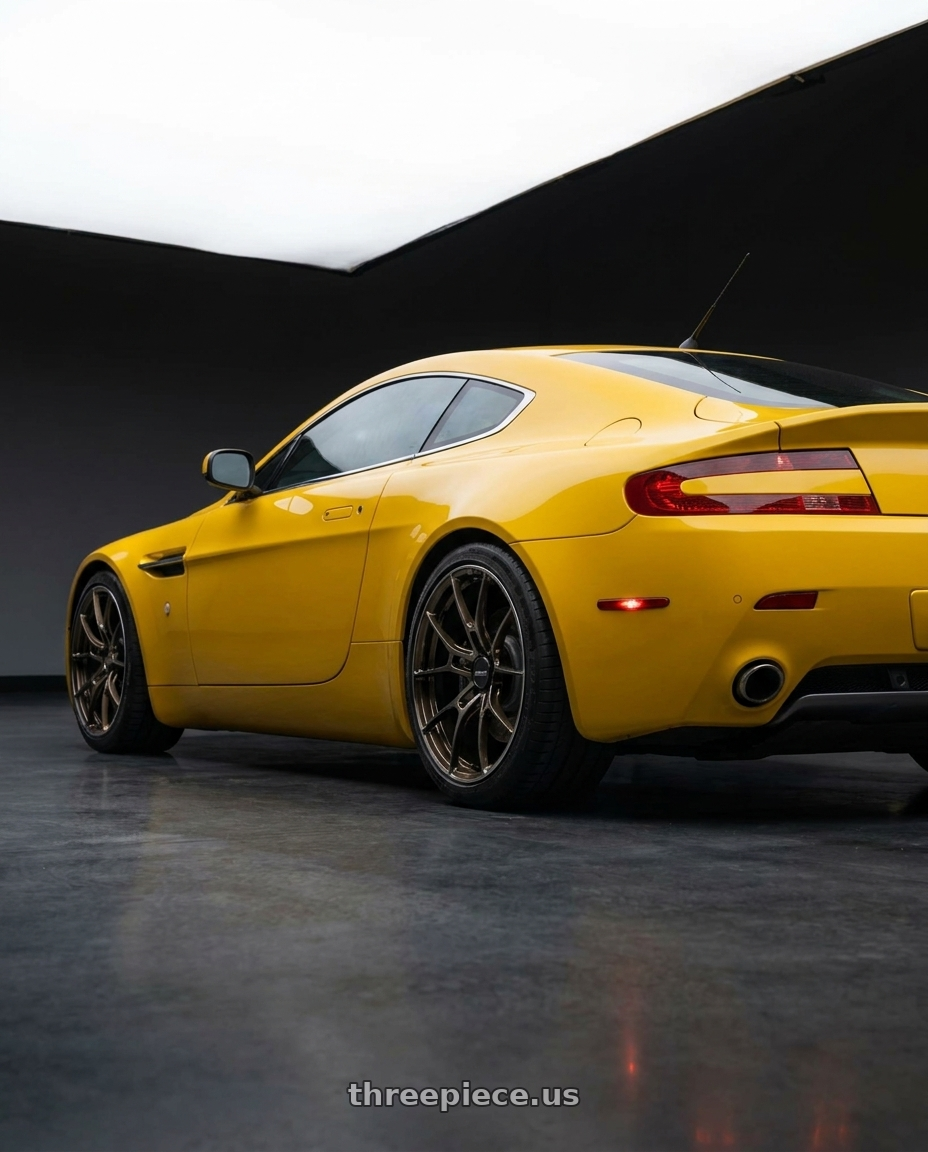 2006 ASTON MARTIN V8 VANTAGE YELLOW with Volk Racing G025 DA/C 5x120 19x9.5 +25 DARK AMBER CLEAR / DC wheels rear three quarter view square tires