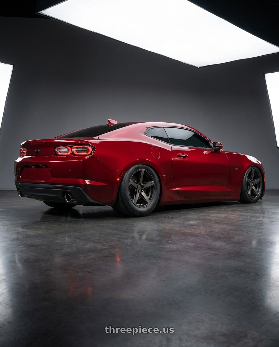 2023 Chevrolet Camaro SS  with Niche 1PC M271 TERAMO 5X120 20X10.5 +35 MATTE BLACK WITH DOUBLE DARK TINT FACE wheels rear three quarter view excessive tires