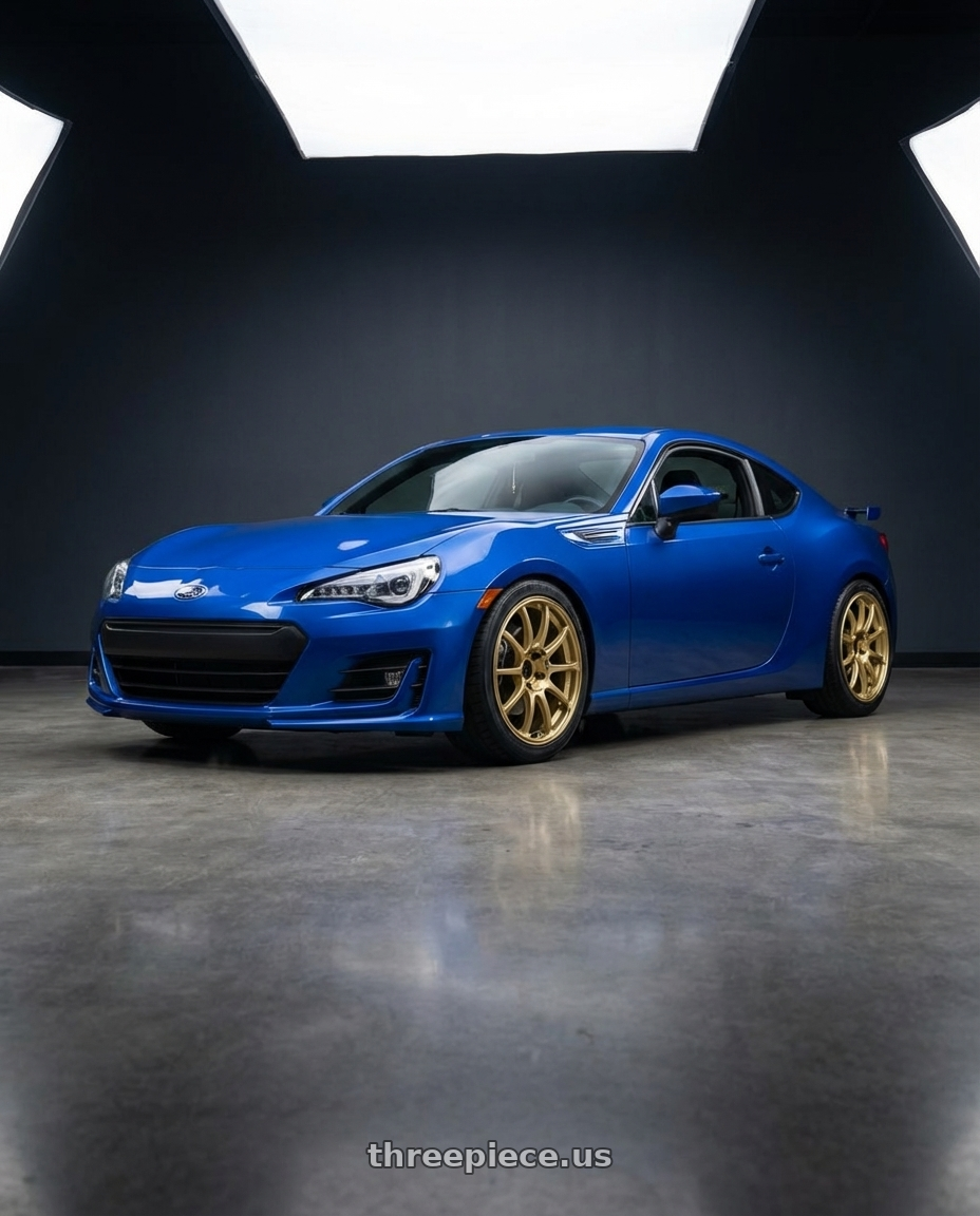 2017 Subaru BRZ with Advan RCIII 5x100 17x7.5+48 Gold wheels front three quarter view lowered stance