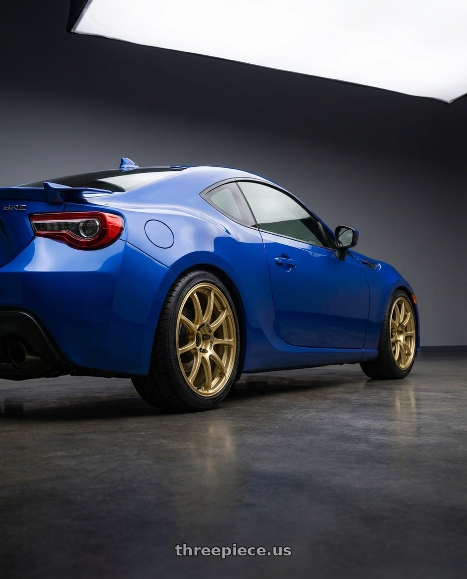 2017 Subaru BRZ with Advan RCIII 5x100 17x7.5+48 Gold wheels rear three quarter view square tires