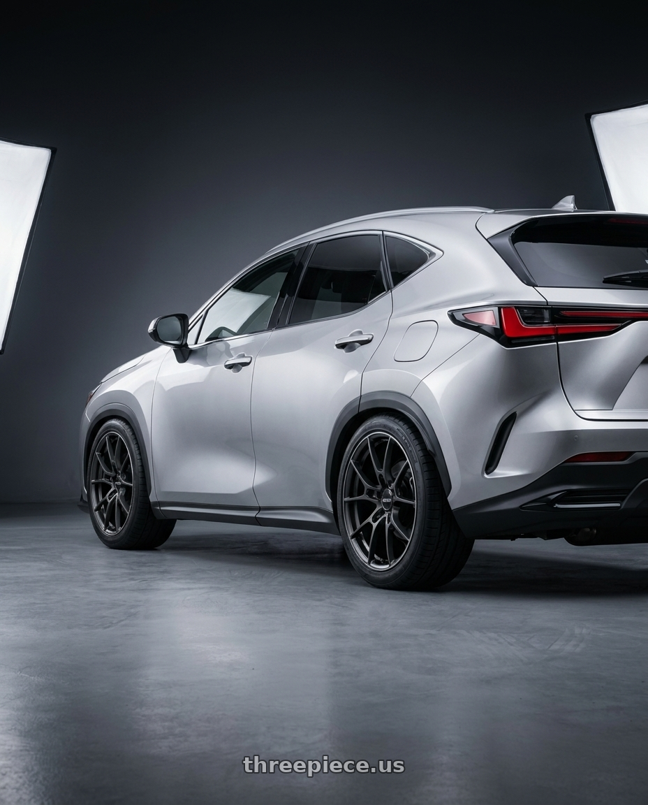 2026 Lexus NX with Volk Racing G025 5x114.3 20x9.0+35 Matte Gunblack / Rim Edge DC wheels rear three quarter view square tires