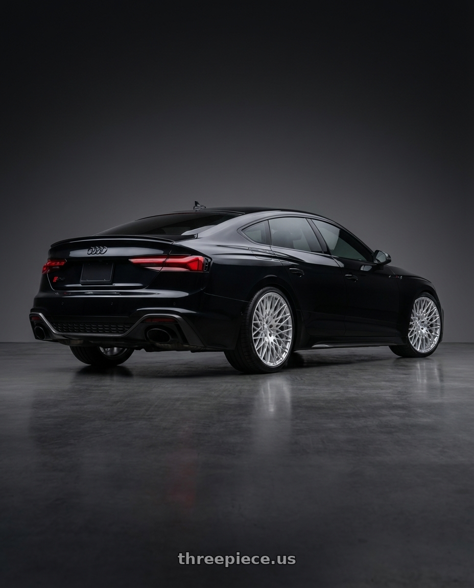 2022 Audi RS5 with Avant Garde Wheels M540 5X112 20x10 +25 Silver Machined wheels rear three quarter view square tires