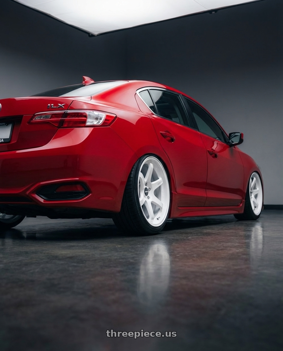 2012 Acura ILX with ESR Wheels APEX SERIES AP6 5x114.3 18x9.5 +35 Gloss White wheels rear three quarter view slight stretch tires