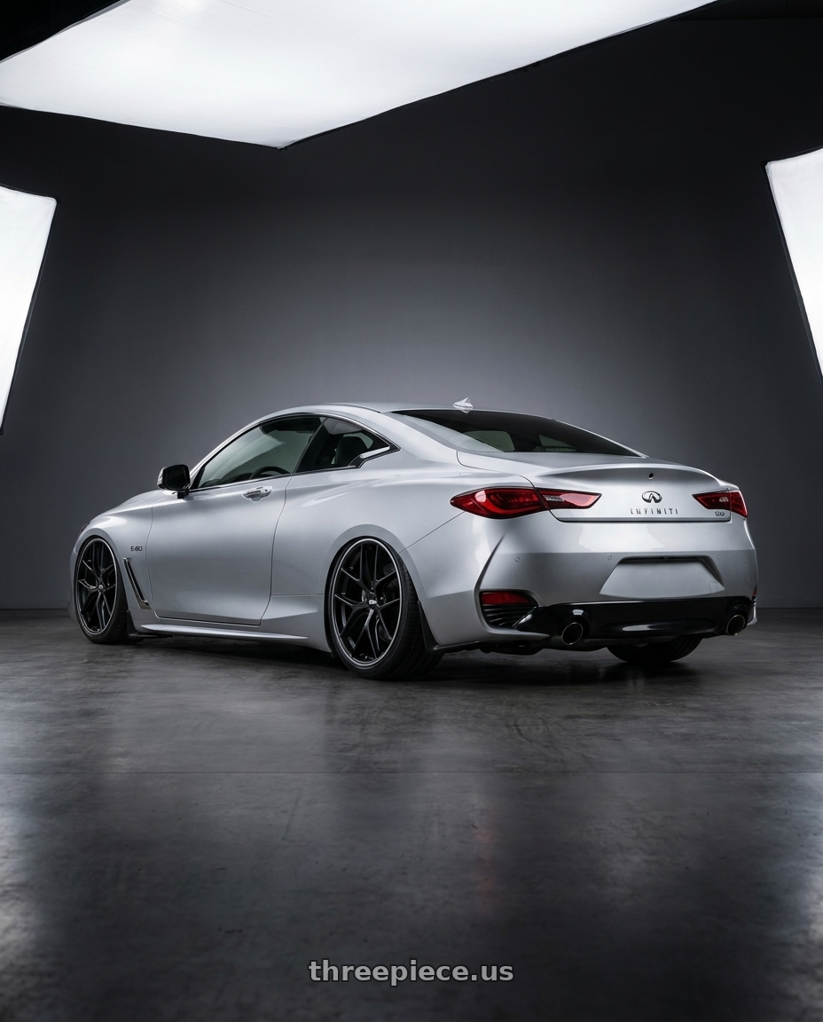2020 Infiniti Q60 with BBS CC-R 5x114.3 20x10.5+45 Satin Black wheels rear three quarter view slight stretch tires