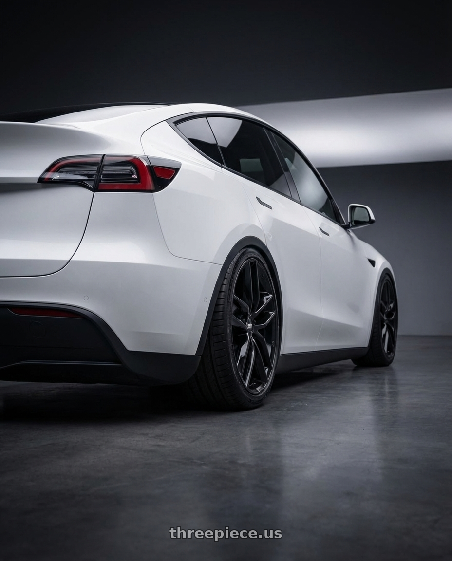 2024 Tesla Model Y with BBS SX 5x114.3 20x9.0+42 Crystal Black wheels rear three quarter view slight stretch tires