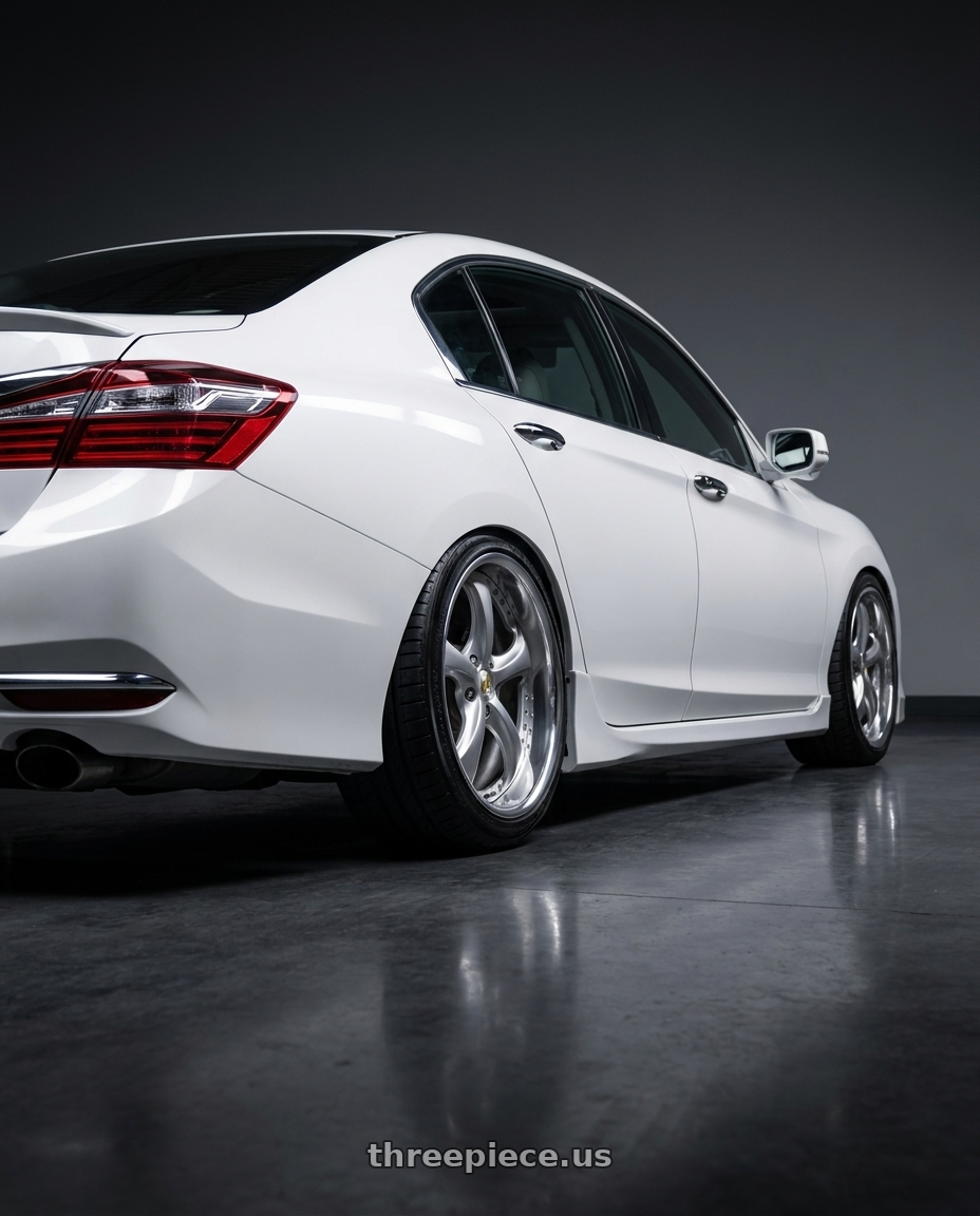 2016 Honda accord sedan white with Work Wheels VS-KF 5x114.3 18x7.5-3 Light Grey Silver L Disk FULL REVERSE wheels rear three quarter view square tires