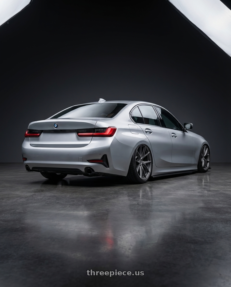 2023 BMW 3 Series G20 with Niche 1PC M116 MISANO 5X112 19X9.5 +38 MATTE GUN METAL wheels rear three quarter view slight stretch tires