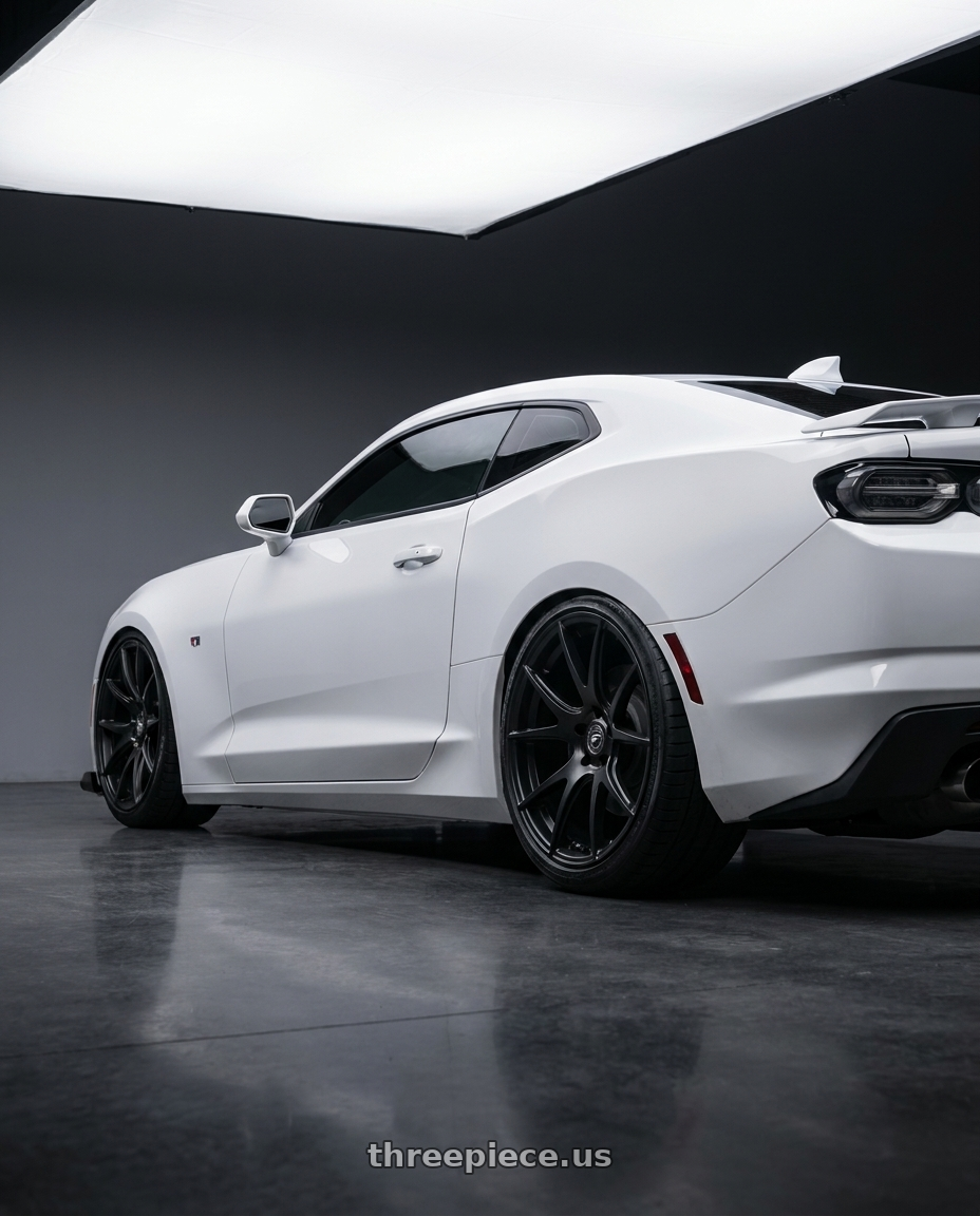 2022 Chevrolet Camaro with Forgestar CF5V 5x120 20x12 +52 Satin Black wheels rear three quarter view slight stretch tires