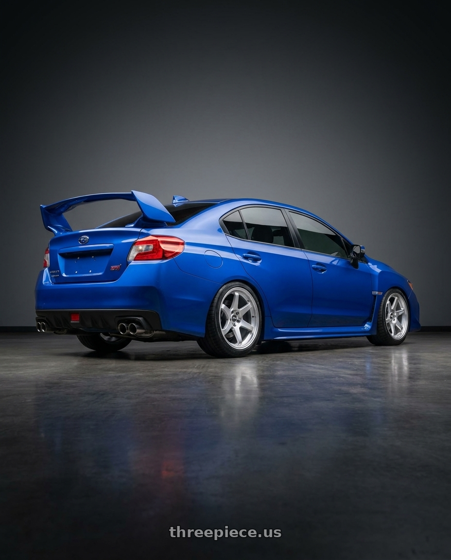 2018 Subaru WRX STI with ESR Wheels APEX SERIES AP6 5x114.3 18x10.5 +22 Hyper Silver wheels rear three quarter view square tires