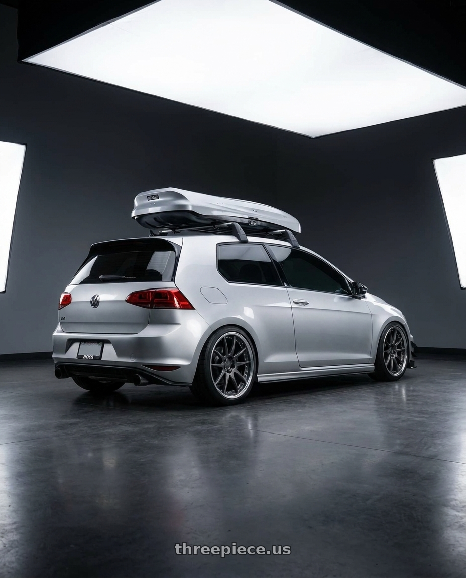 2015 VW GTI with Work Emotion Cr 3P 5x112 19x9+40 R Disk Matte Gunmetal wheels rear three quarter view square tires