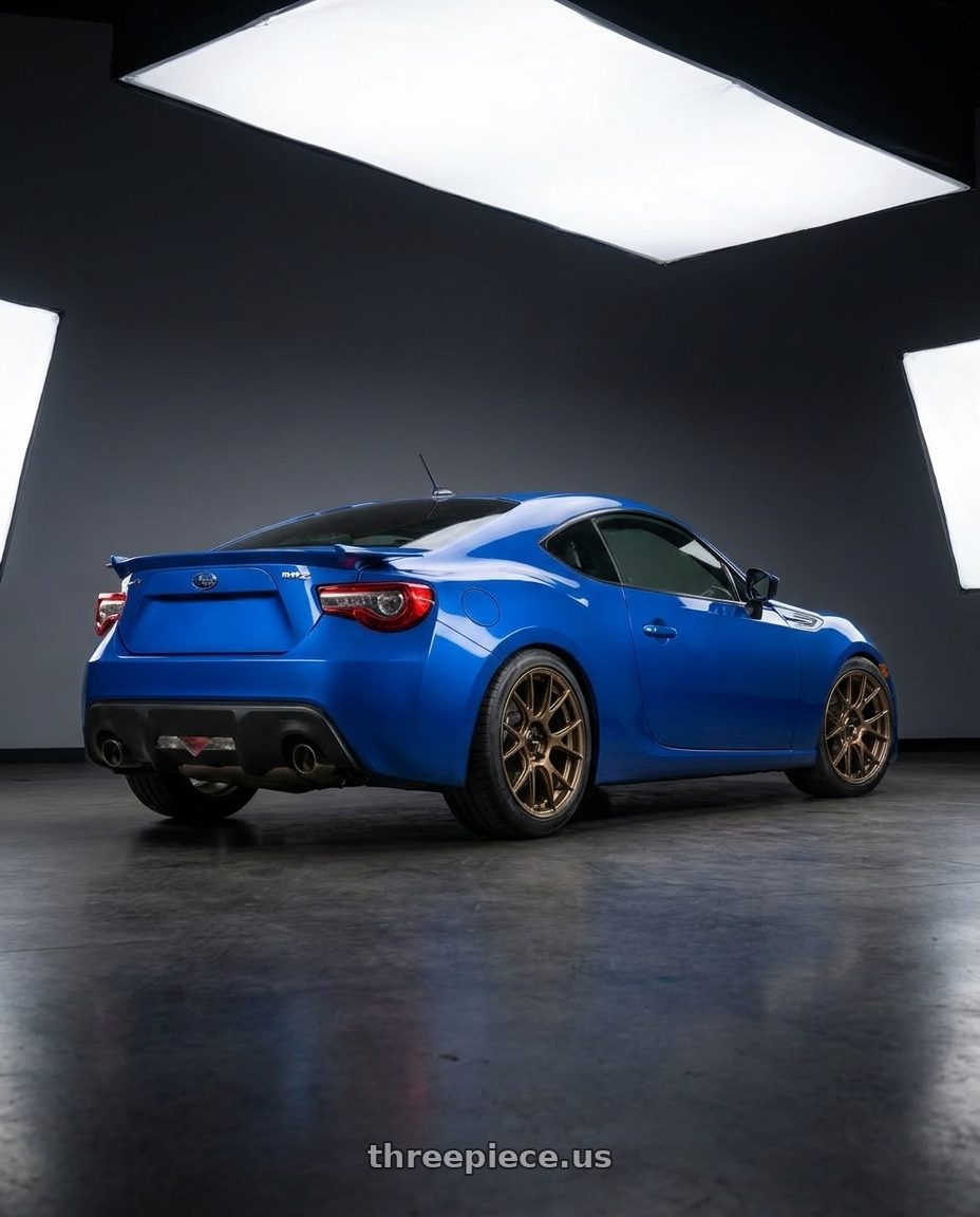 2017 Subaru BRZ with Konig Ampliform 5x100 17x8+40 Gloss Bronze wheels rear three quarter view square tires