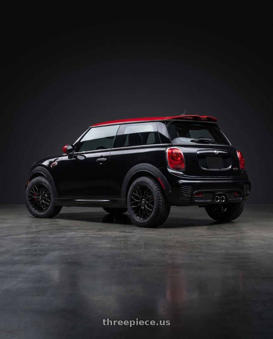 2019 Mini Cooper John Cooper with TOUREN TR76 3276 5x112 17x8 +35 GLOSS BLACK wheels rear three quarter view meaty tires