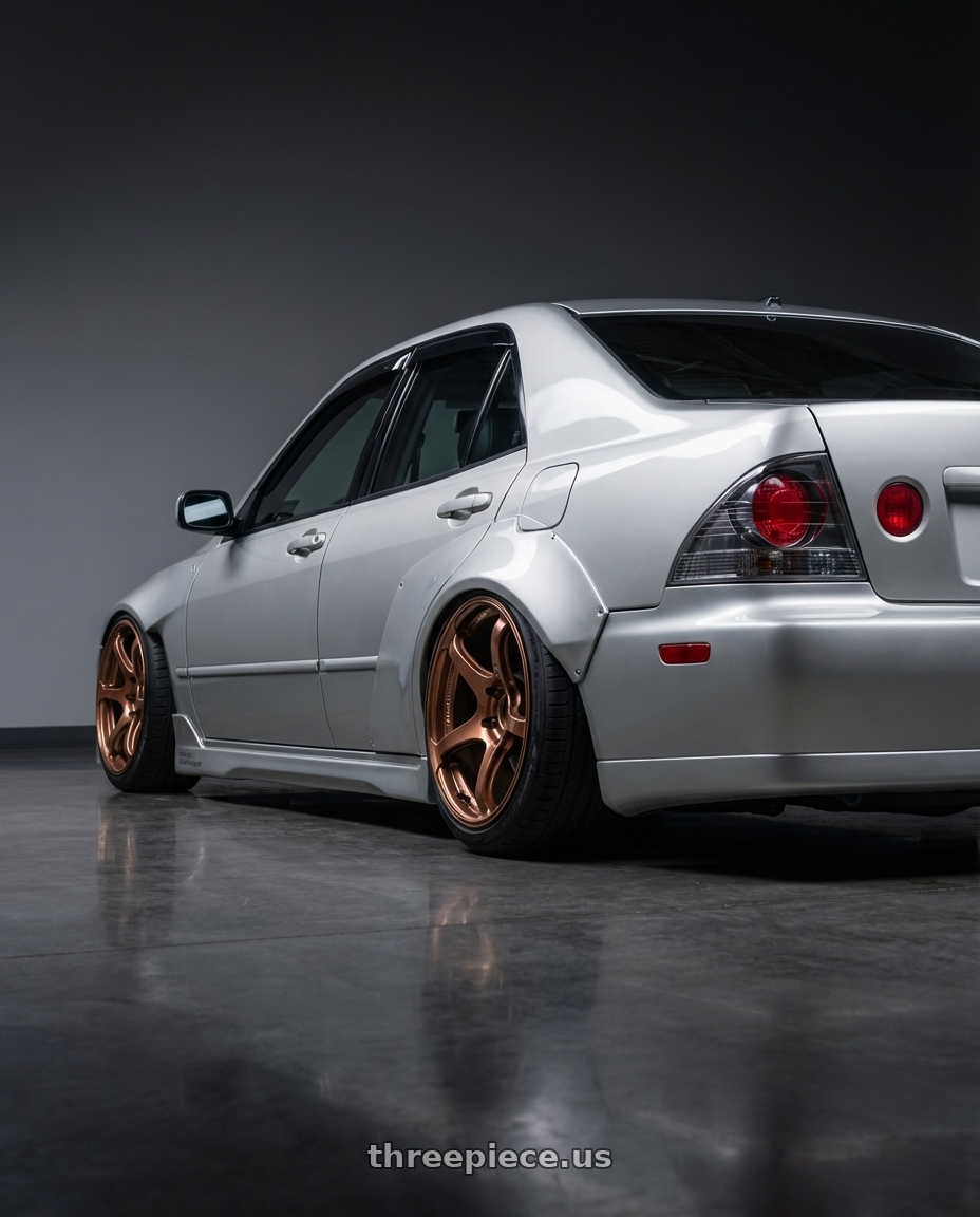 2004 Lexus is300 with Advan Racing RG-4 5x114.3 17x8.5 +31 RACING COPPER BRONZE wheels rear three quarter view slight stretch tires