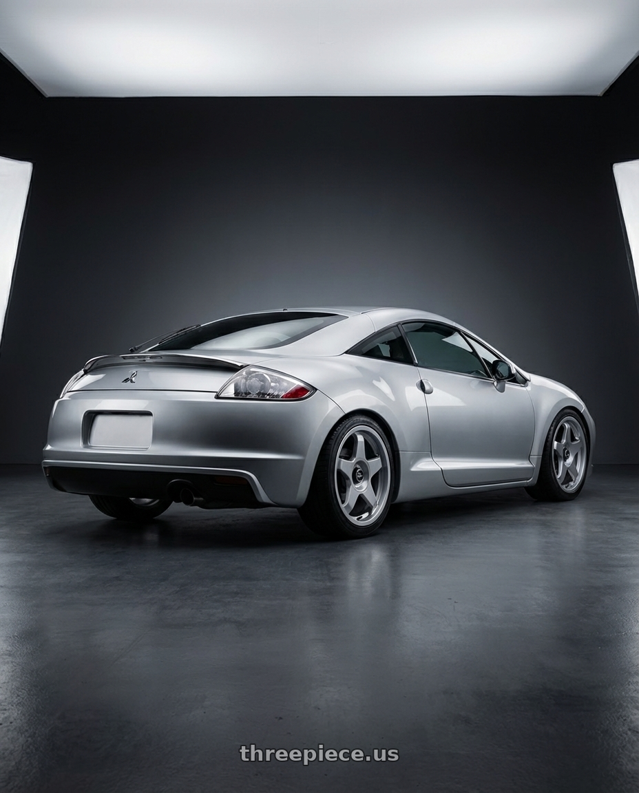 2010 Mitsubishi Eclipse with fifteen52 CHICANE 5x114.3 / 5x100 18x8.5 +35 SPEED SILVER (GLOSS SILVER) wheels rear three quarter view square tires