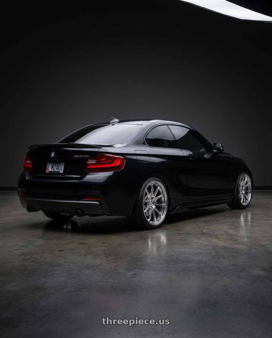 2017 bmw f22 m240i with KATANA RACING HR06 5x120 18x9.5 +22 Chrome wheels rear three quarter view slight stretch tires