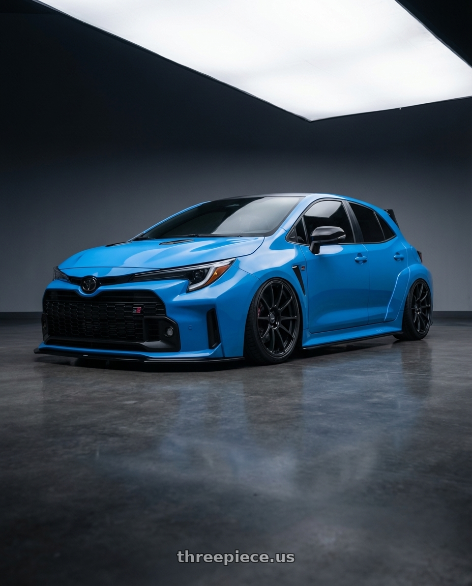 2024 Toyota GR Corolla with Ssr Gtv02 5x114.3 18x8.5+40  FLAT BLACK wheels front three quarter view stanced stance