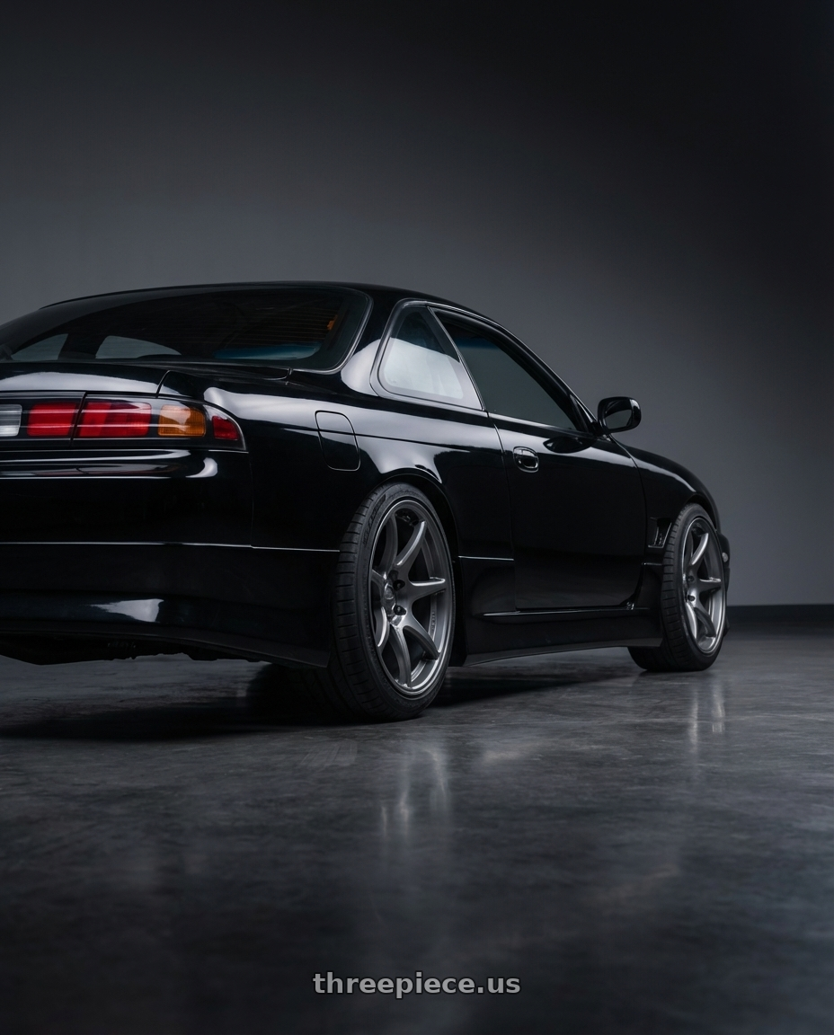 1996 Nissan 240sx with Kansei K11G Tandem 5x114.3 18x8.5 35 Gunmetal wheels rear three quarter view slight stretch tires