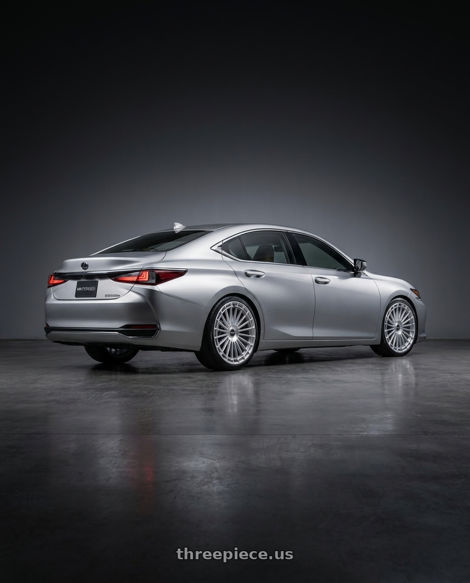 2027 LEXUS ES500e with MV Forged MVF40 blank 24x10 BLANK Diamond Silver wheels rear three quarter view slight stretch tires