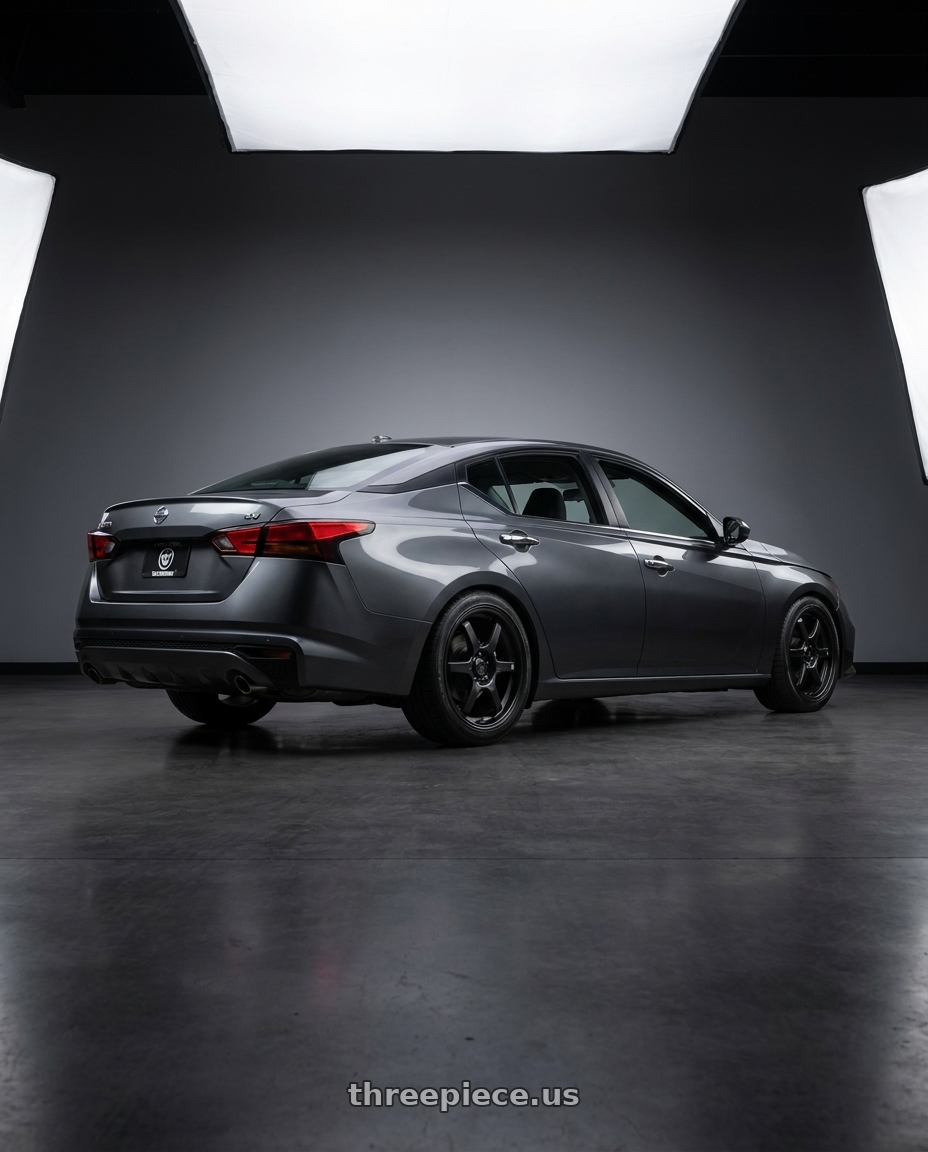 2021 Nissan Altima SV with Konig Backbone 5x114.3 18x8+45 Matte Black Milling Logo on Spoke wheels rear three quarter view square tires
