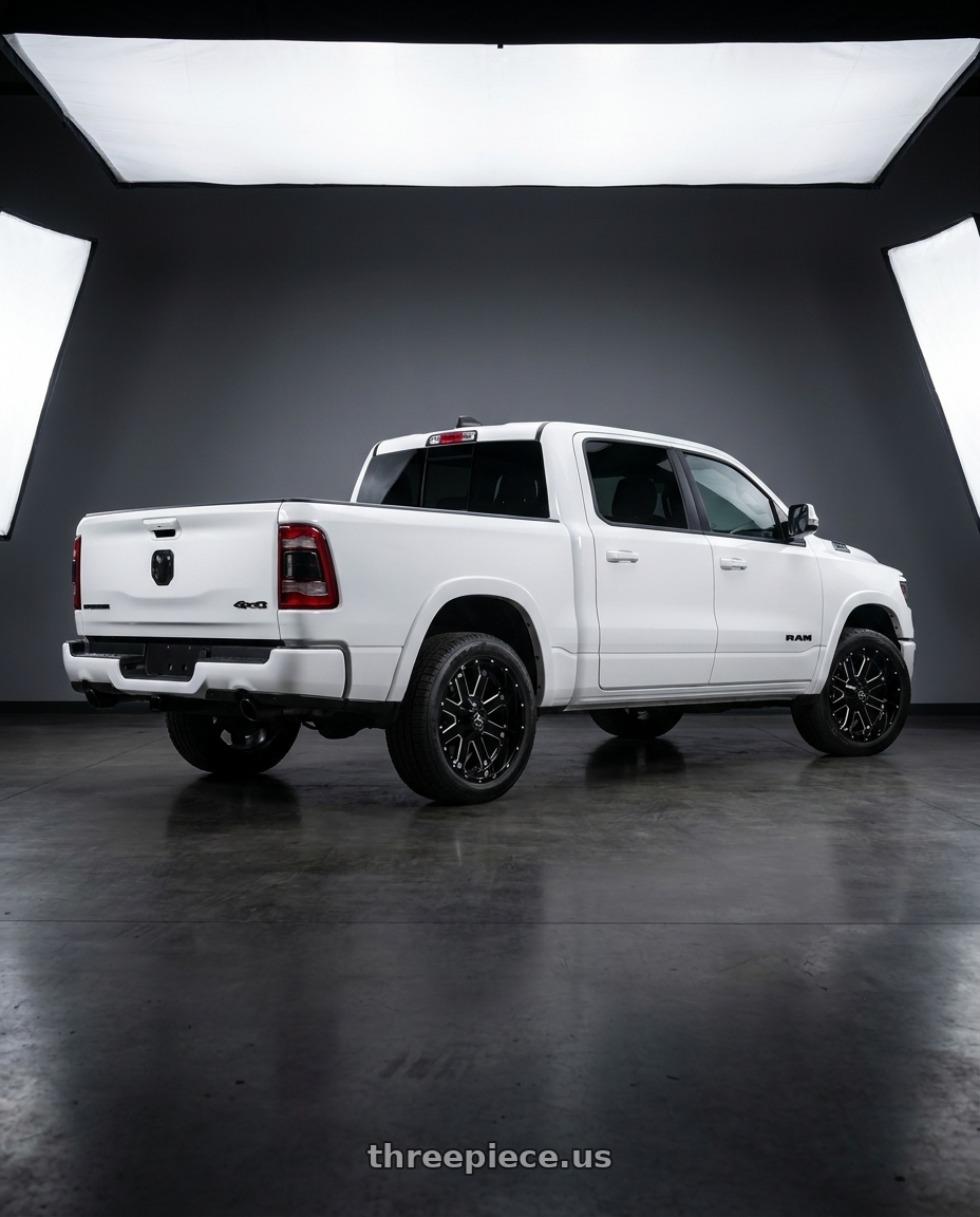 2026 Ram 1500 GT Sport with American Off-Road A108 5x120 - 5x150 6x120 - 6x139.7 20x10 -24 Black Milled Spoke wheels rear three quarter view square tires