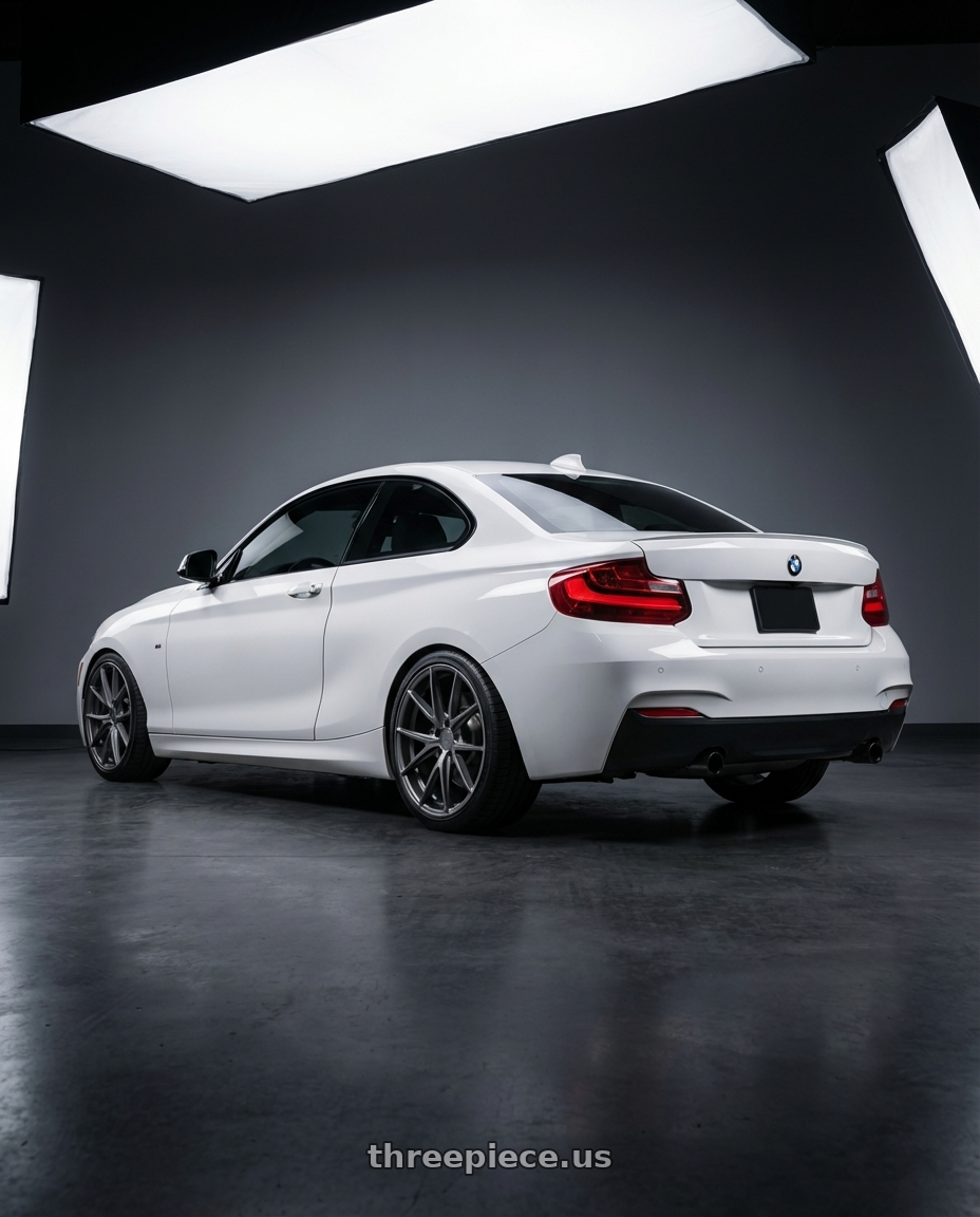 2018 BMW 2 Series F22 with Niche 1PC M116 MISANO 5X120 18X8 +40 MATTE GUN METAL wheels rear three quarter view square tires