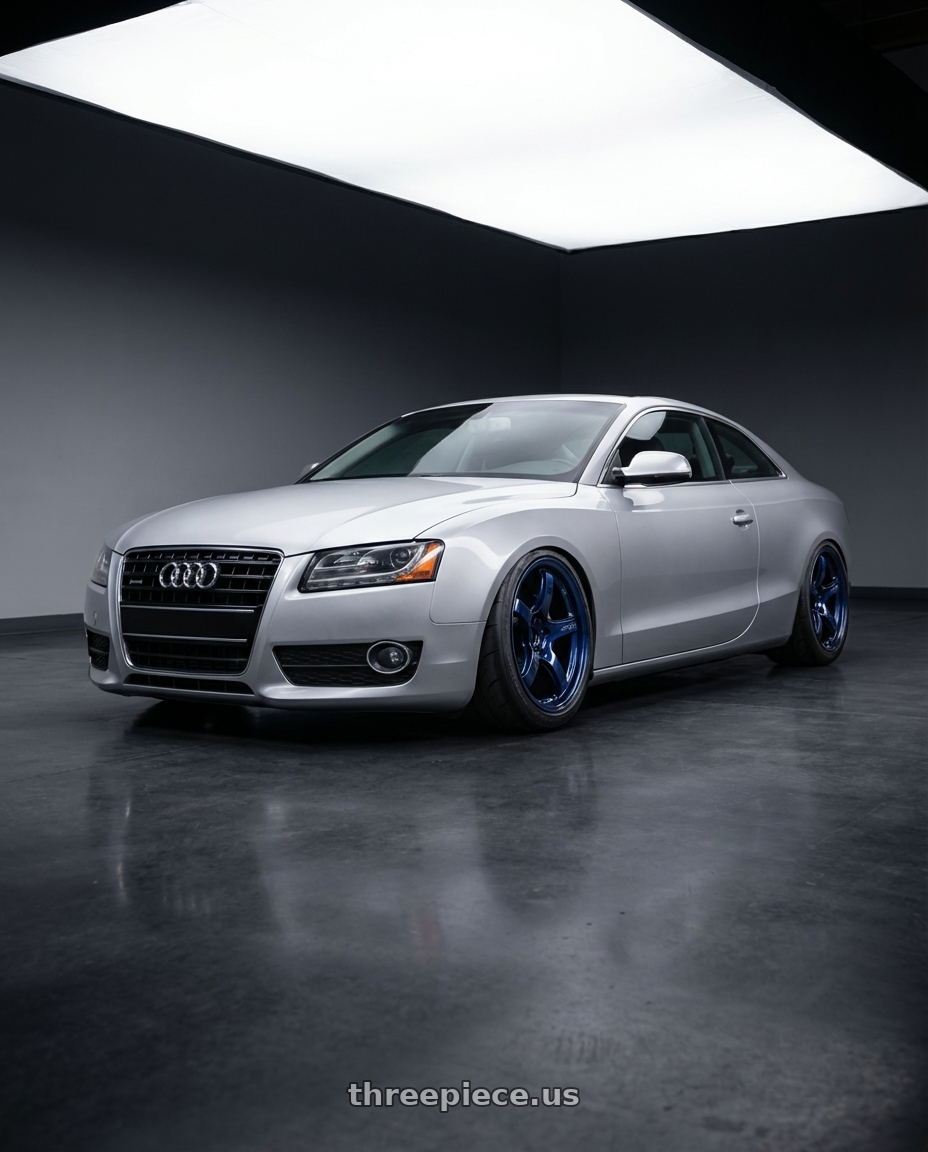 2012 Audi A5 with Gram Lights 57CR 5x112 19x10.5 +35 ETERNAL BLUE PEARL wheels front three quarter view lowered stance