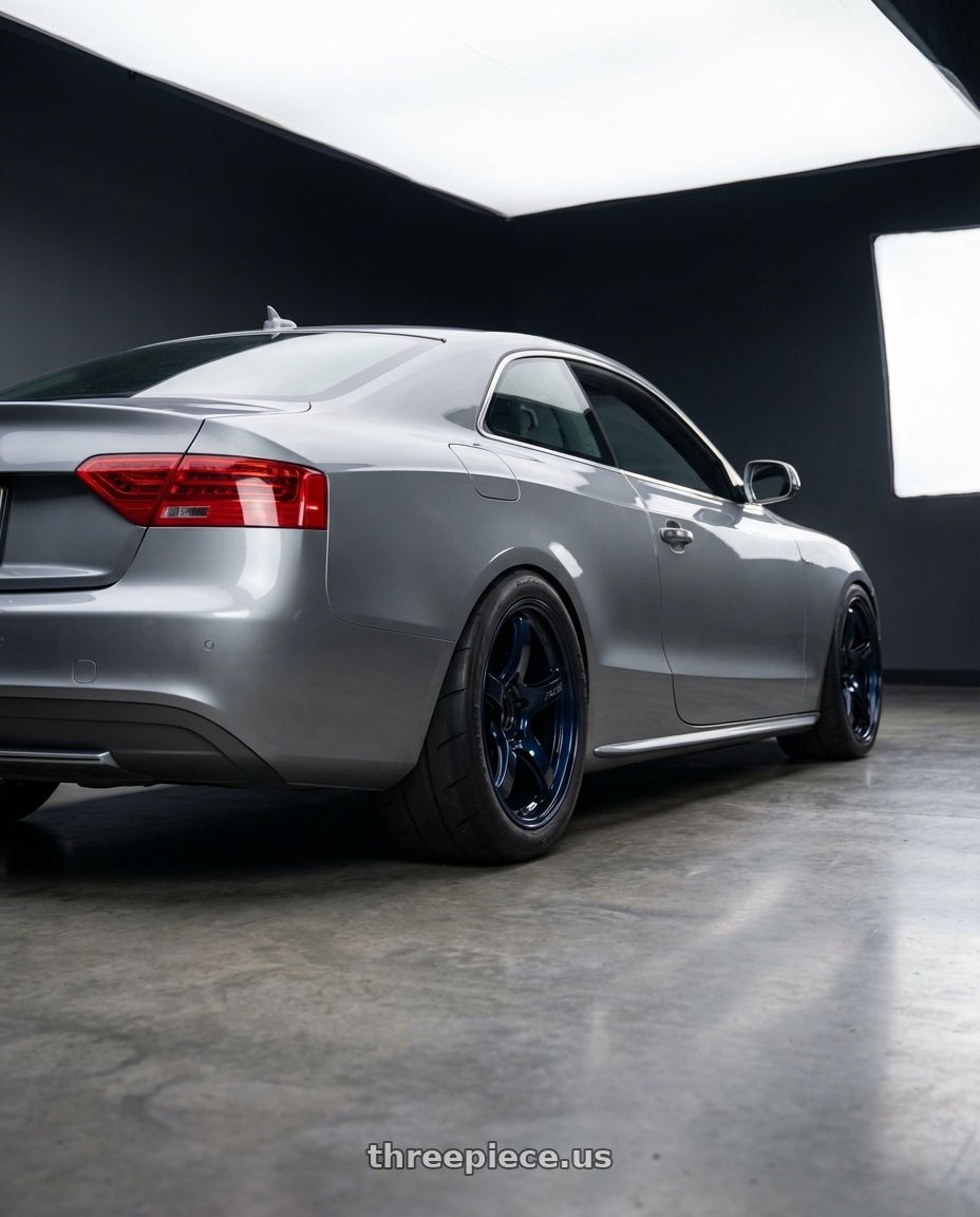 2012 Audi A5 with Gram Lights 57CR 5x112 19x10.5 +35 ETERNAL BLUE PEARL wheels rear three quarter view excessive tires