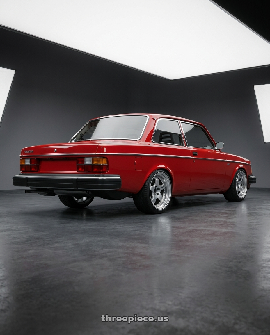 Volvo 242 1977 red Chrome trim with Work Meister S1 3P 5x108 18x9.5+23 L Disk Silver wheels rear three quarter view slight stretch tires