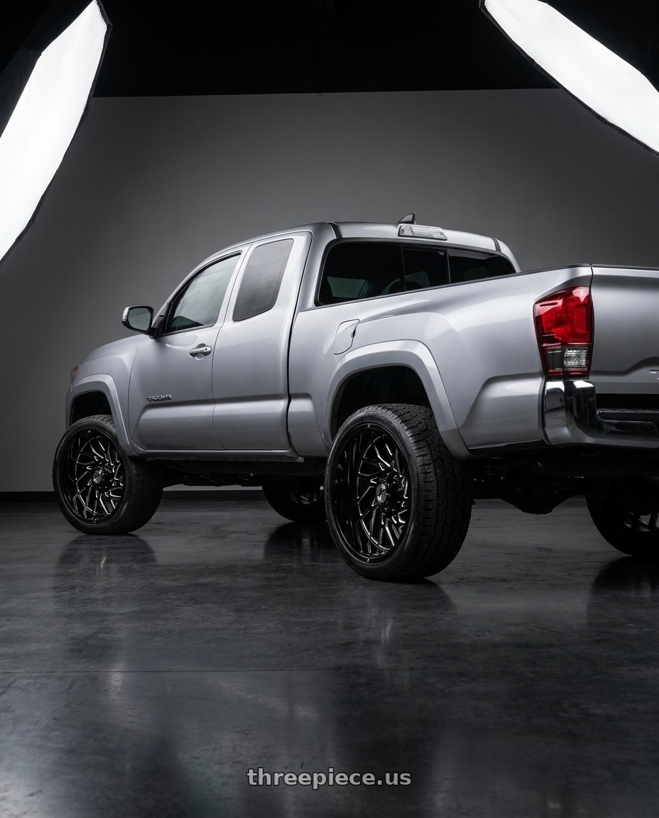 2016 toyota tacoma kingcab with XF Dually XF-229 Dually 10x225 26x8.25 -202 Gloss Black & Milled wheels rear three quarter view square tires