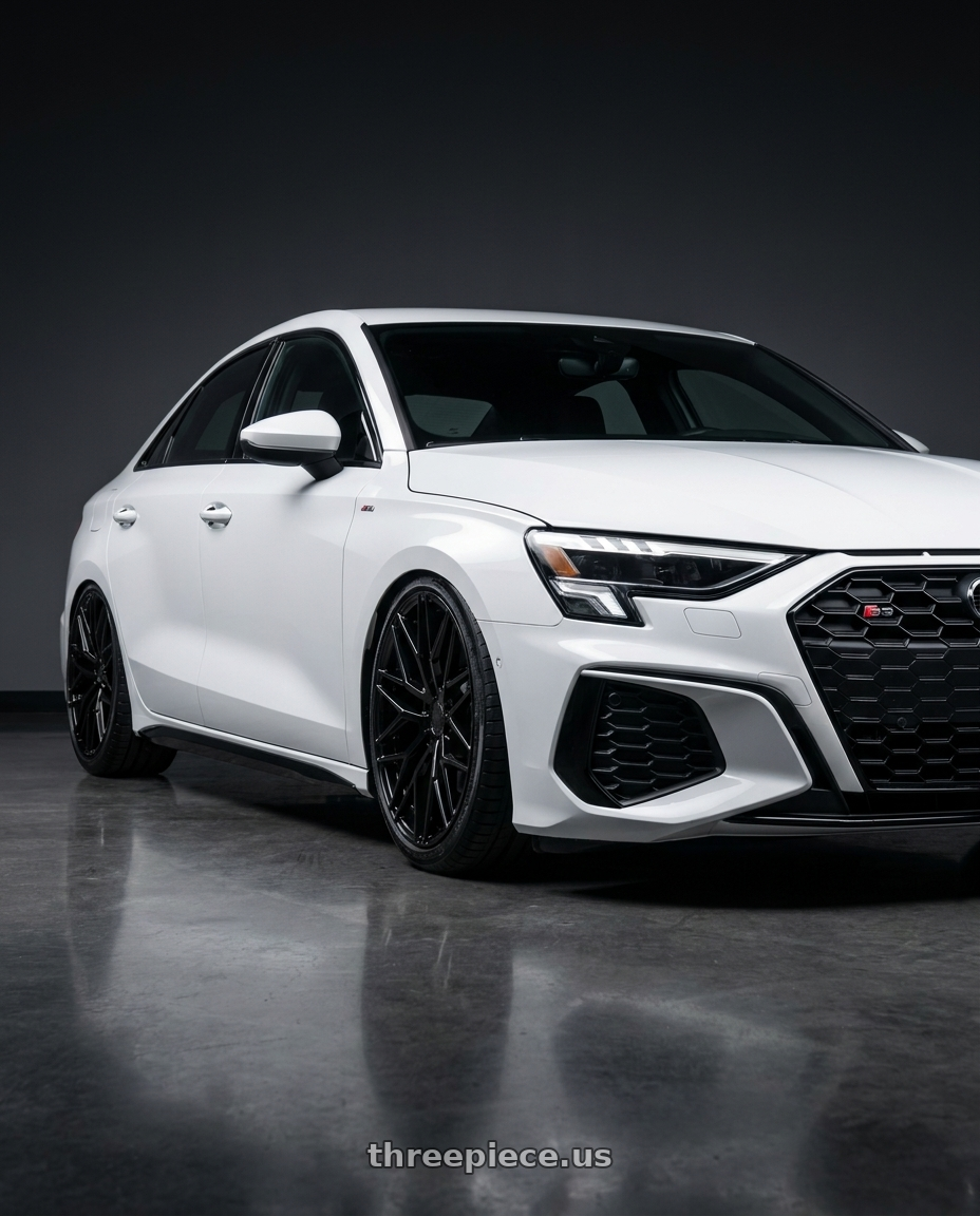 2024 Audi S3 8Y with Avant Garde Wheels M520R 5X112 19x8.5 +35 Gloss Black wheels front three quarter view stanced stance