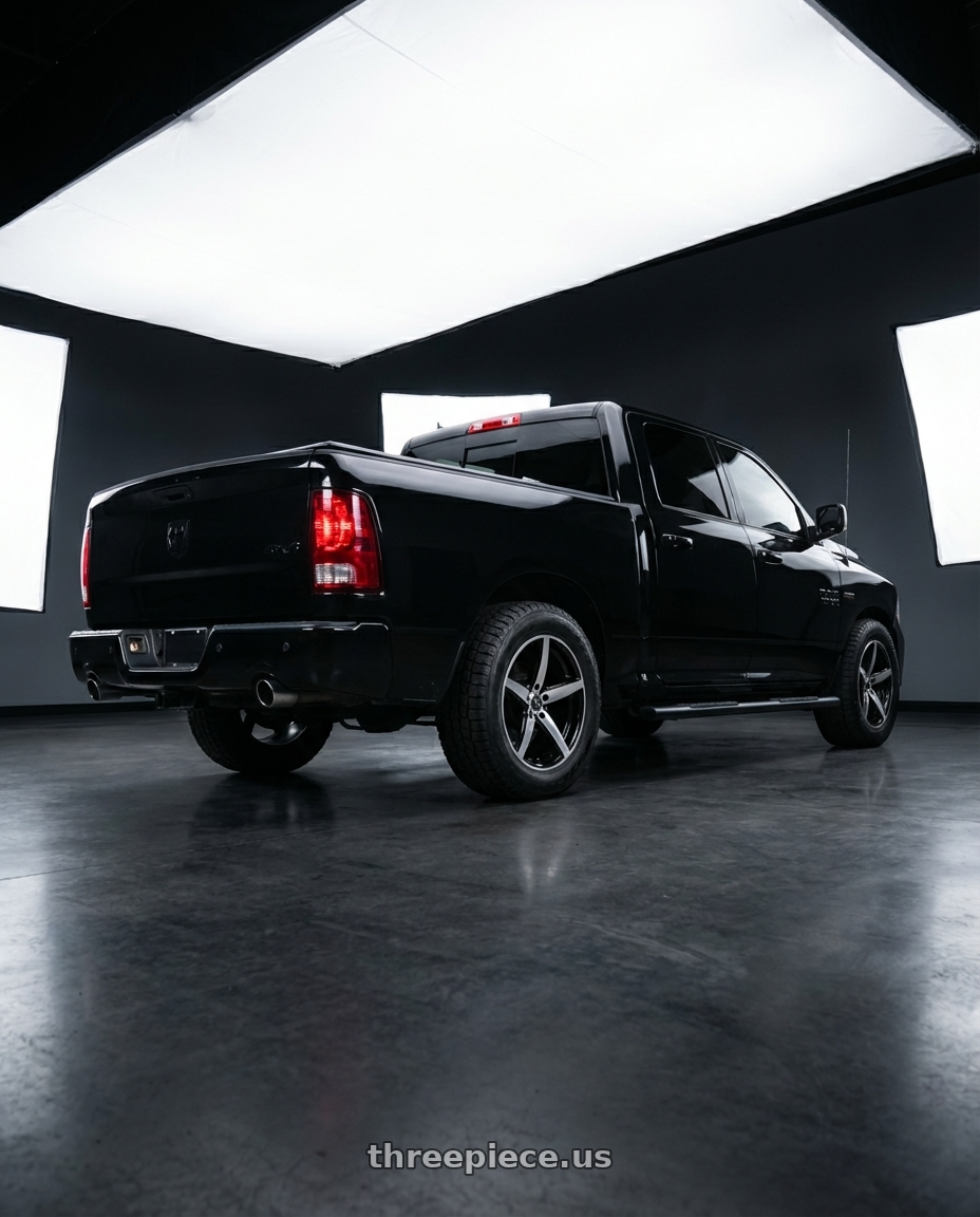 2017 Dodge Ram 1500 Black with WHITE DIAMOND W244 4x100/4x114.3 17x7.5+35 BLACK / MACHINED wheels rear three quarter view square tires