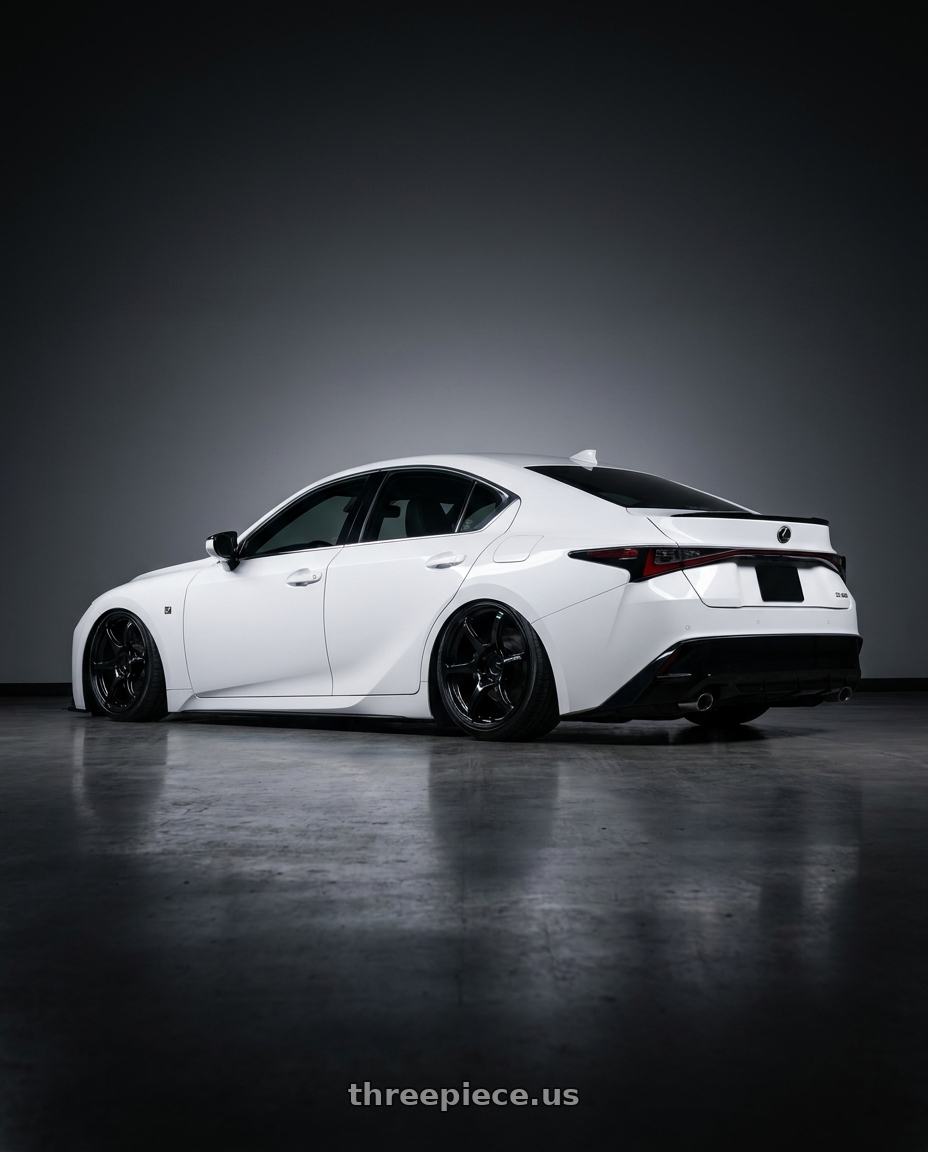 2024 Lexus IS 350 with Advan RGIII 5x114.3 19x9.0+25 Gloss Black wheels rear three quarter view slight stretch tires