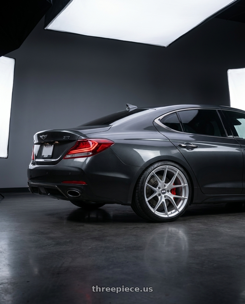 2019 Genesis g70 with ESR Wheels FORGETECH SERIES RF2 5x108 19x10.5 +22 Hyper Silver wheels rear three quarter view slight stretch tires