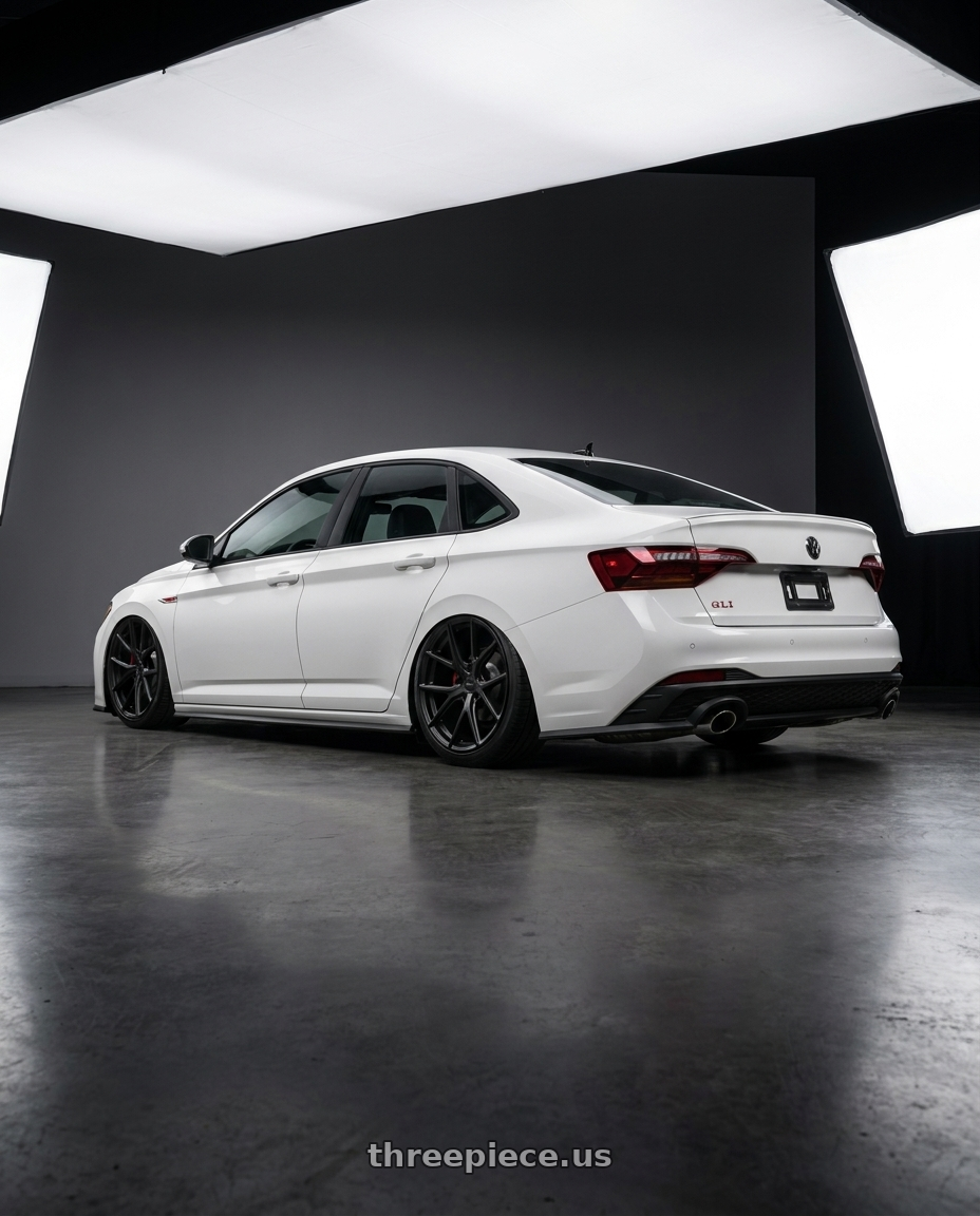2024 Vw gli with Bravado 08B Tribute 5X115 18x9 +15 Matte Black wheels rear three quarter view slight stretch tires