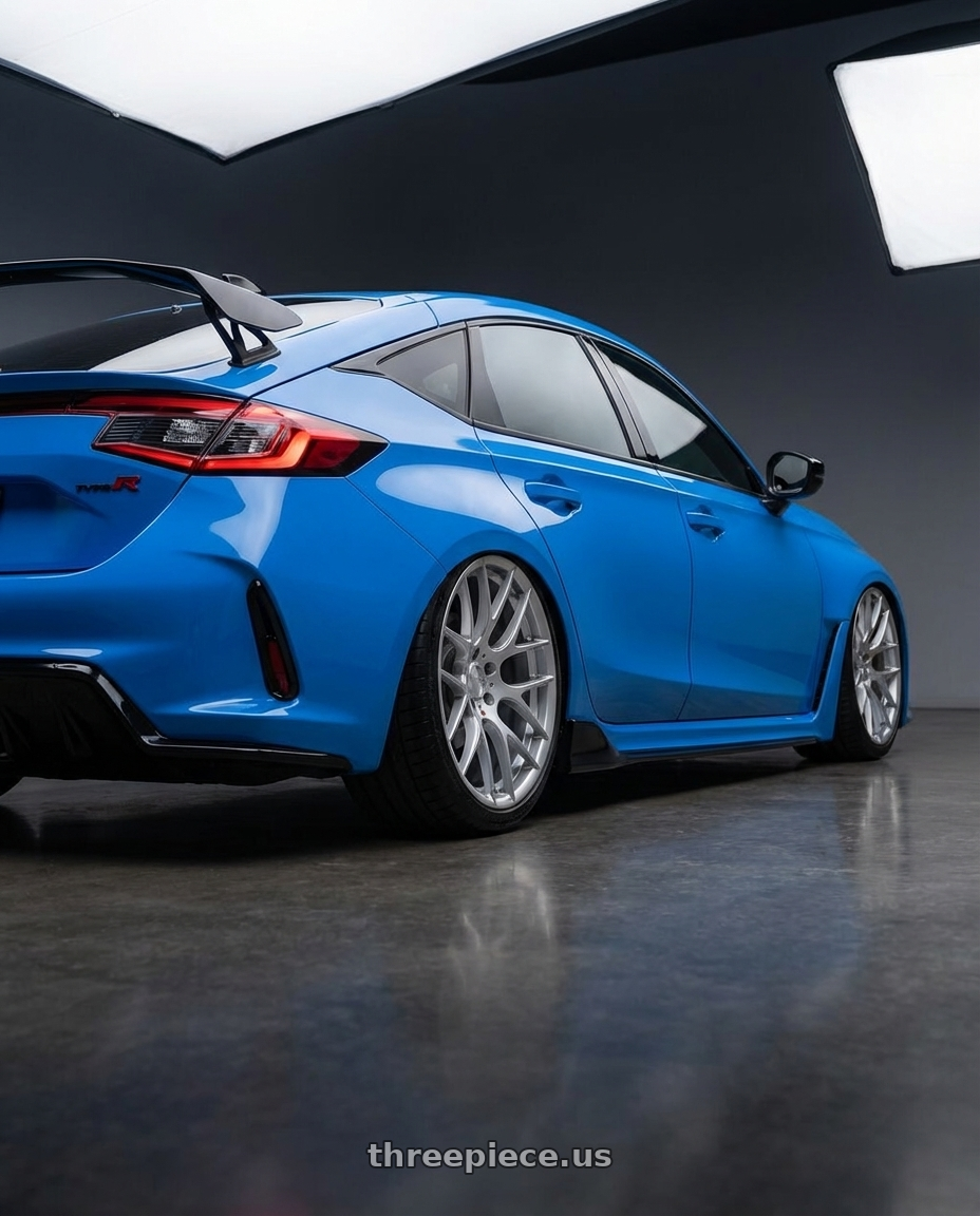 2024 Honda Civic Type R with Avant Garde Wheels M359 5X120 19x11 +25 Hyper Silver wheels rear three quarter view slight stretch tires