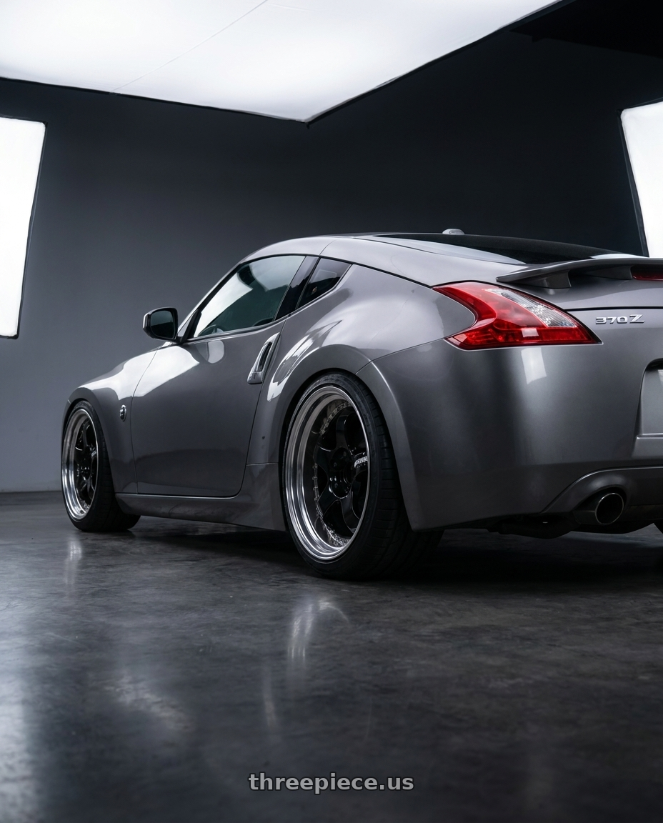 2009 nissan 370z with Work Meister S1 3P 5x100 18x9+48 A Disk Black wheels rear three quarter view square tires