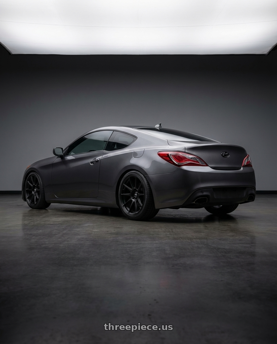 2014 Hyundai Genesis Coupe with ESR Wheels APEX SERIES AP6 5x114.3 19x11 +22 Matte Black wheels rear three quarter view square tires