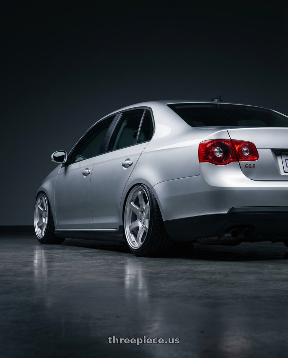 2009 Volkswagen Jetta GLI MK5 with Kansei K11S Tandem 5X112 18x8.5 35 Hyper Silver wheels rear three quarter view slight stretch tires