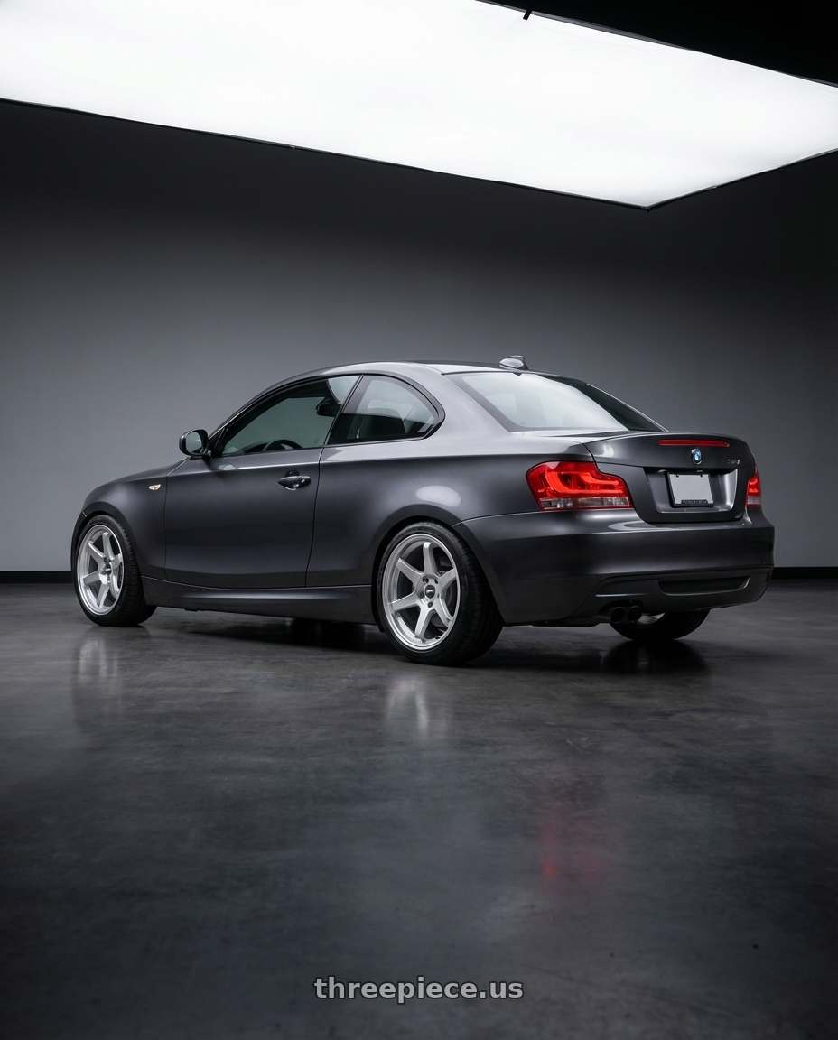 2012 BMW 1 Series E82 with ESR Wheels APEX SERIES AP6 5x120 18x9.5 +22 Hyper Silver wheels rear three quarter view square tires