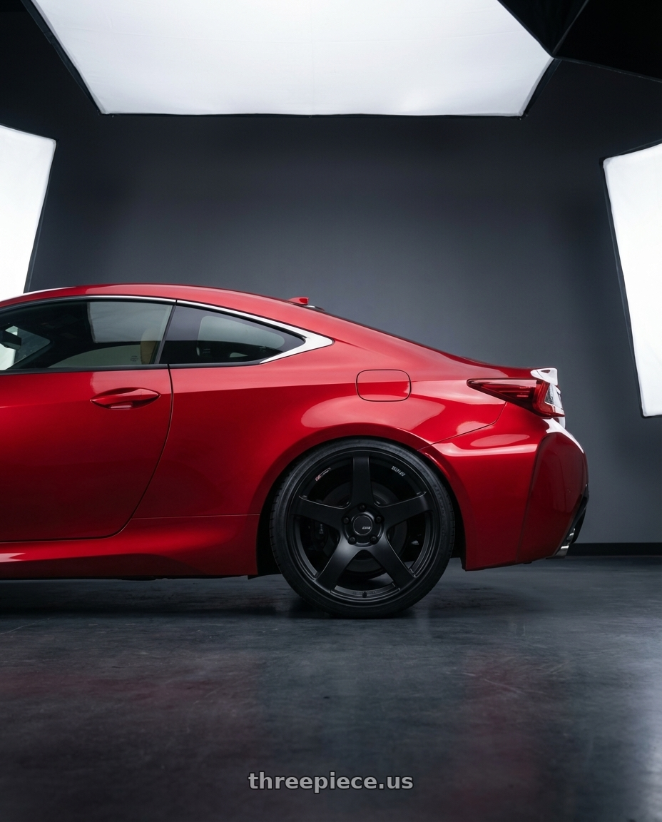 2018 Lexus RC F with Ssr Gtv01 5x114.3 19x8.5+38  FLAT BLACK wheels rear three quarter view square tires