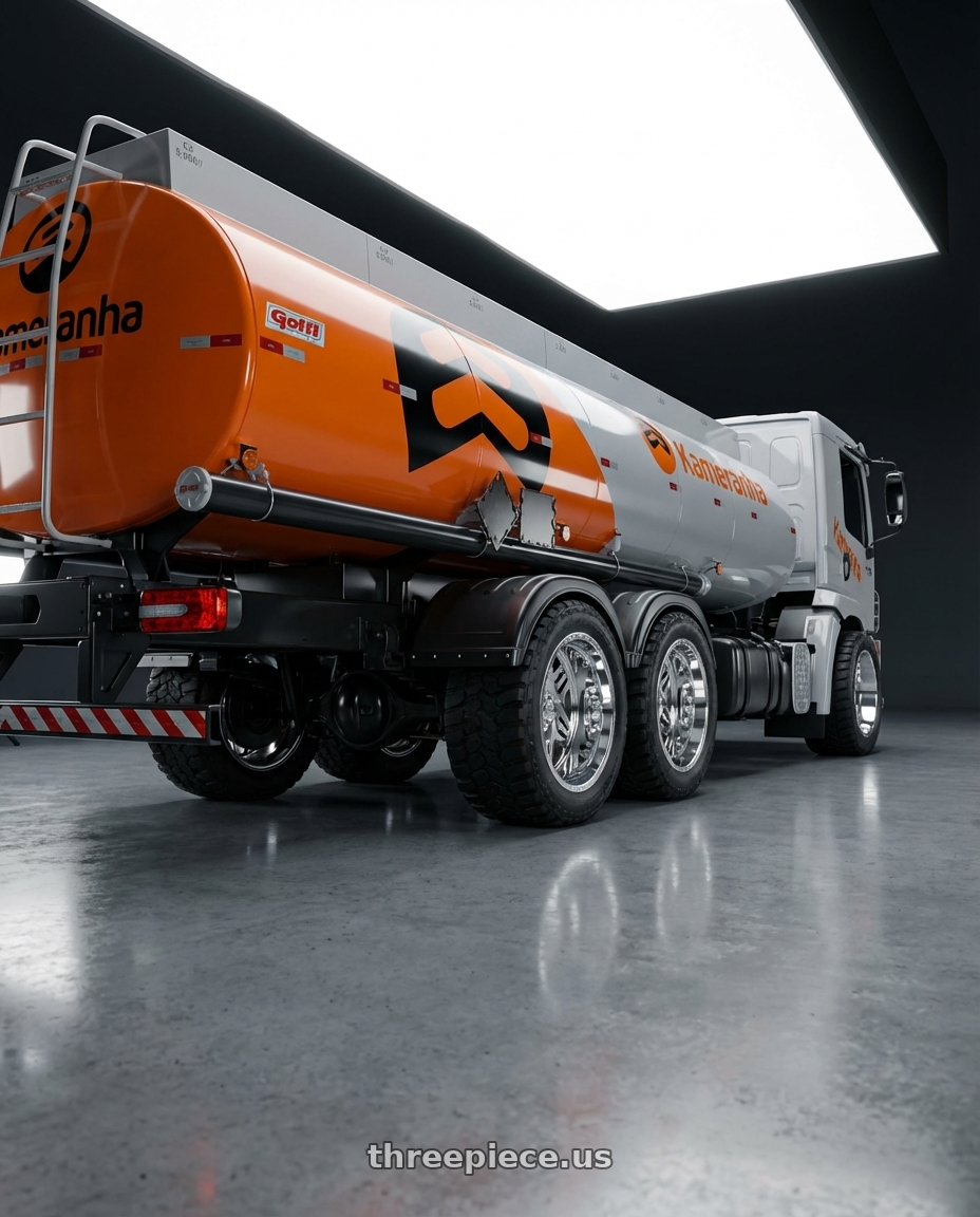 Vw 24-260 Tanque Isolado Truck 6x2 Branco 2023 - adersivado with American Truxx Forged Orion ATF1908 8x170 22x12-44 Polished wheels rear three quarter view meaty tires